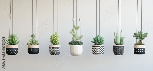 Seven hanging succulents in black and white patterned pots against a white wall. photo