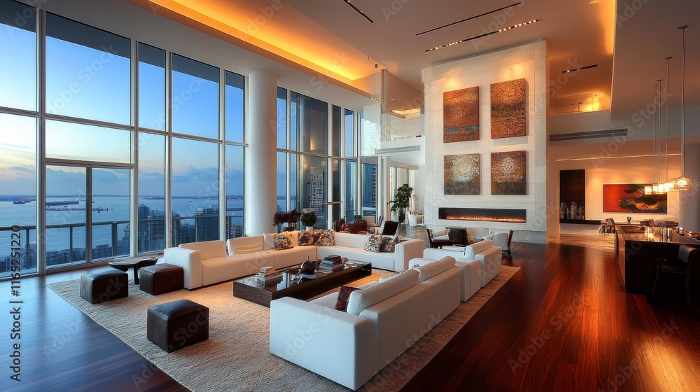 A luxurious urban home interior design, blending comfort and functionality in a high-rise setting