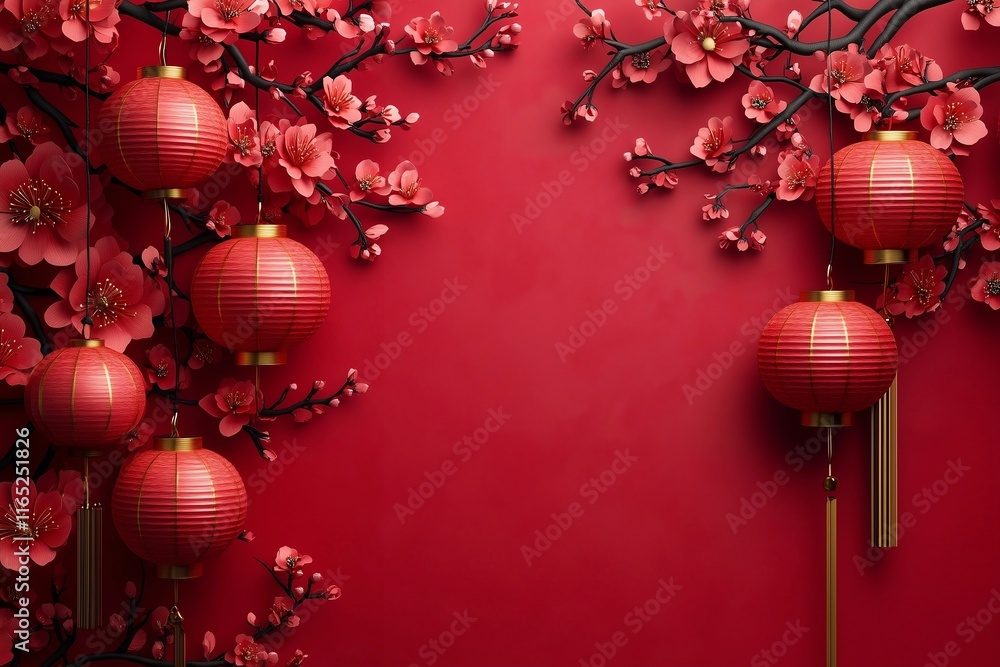 Obraz premium paper-cut design of Chinese New Year illustration with copy space featuring lanterns and flowers, Japanese sakura flower branches.