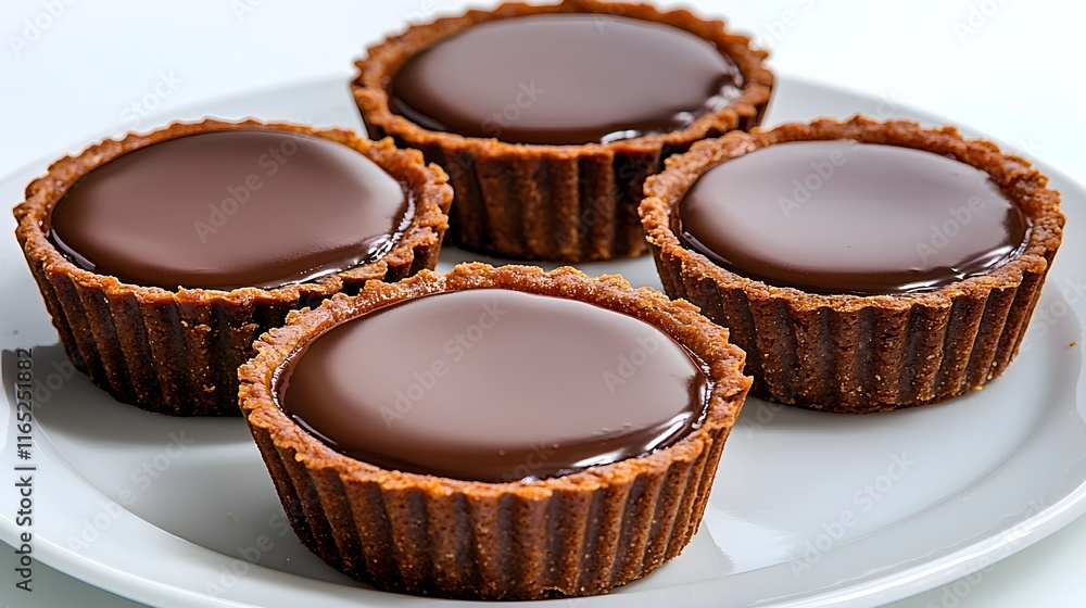 Mini Dark Chocolate Tarts with a Glossy Ganache Topping, Presented on a White Plate, Highlighting the Rich, Decadent, and Elegant Dessert Perfect for Chocolate Lovers Mini Dark Chocolate Tarts with a Glossy Ganache Topping, Presented on a White Plate, Highlighting the Rich, Decadent, and Elegant Dessert Perfect for Chocolate Lovers