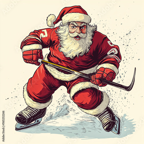 Santa playing ice hockey in the illustration style