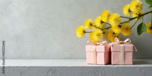 Two Pink Gift Boxes with Yellow Flowers on a Light Gray Surface