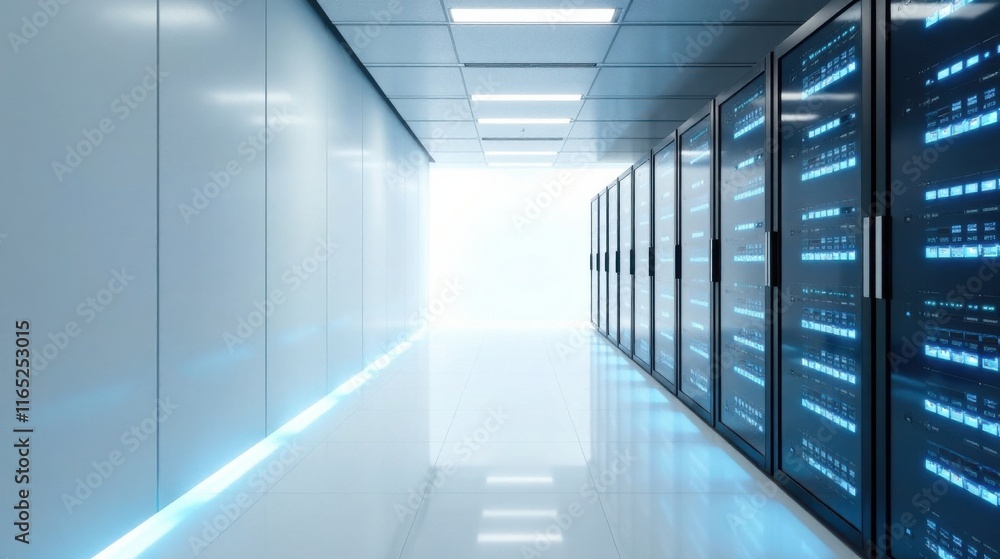 Modern Data Center Corridor with Illuminated Servers and Clean Floor Modern Data Center Corridor with Illuminated Servers and Clean Floor
