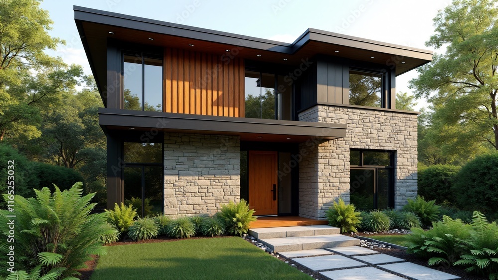 Obraz premium Natural stone lower façade with wooden upper panels, large vertically-aligned black-framed windows, sleek metal handle, minimalist stone walkway, and lush greenery for a modern, earthy look.