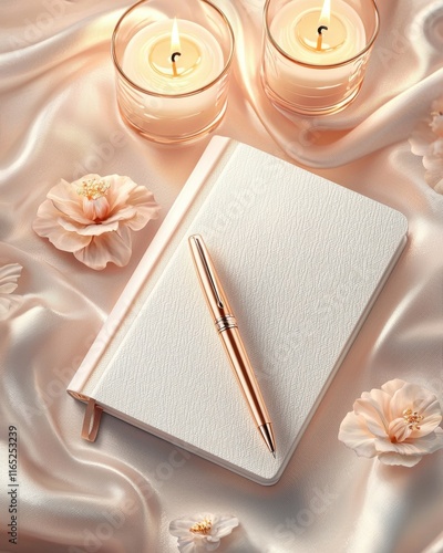 Pen and Notebook giftset for Valentine's Day concept. Elegant journal with a pen, surrounded by candles and flowers on soft fabric photo