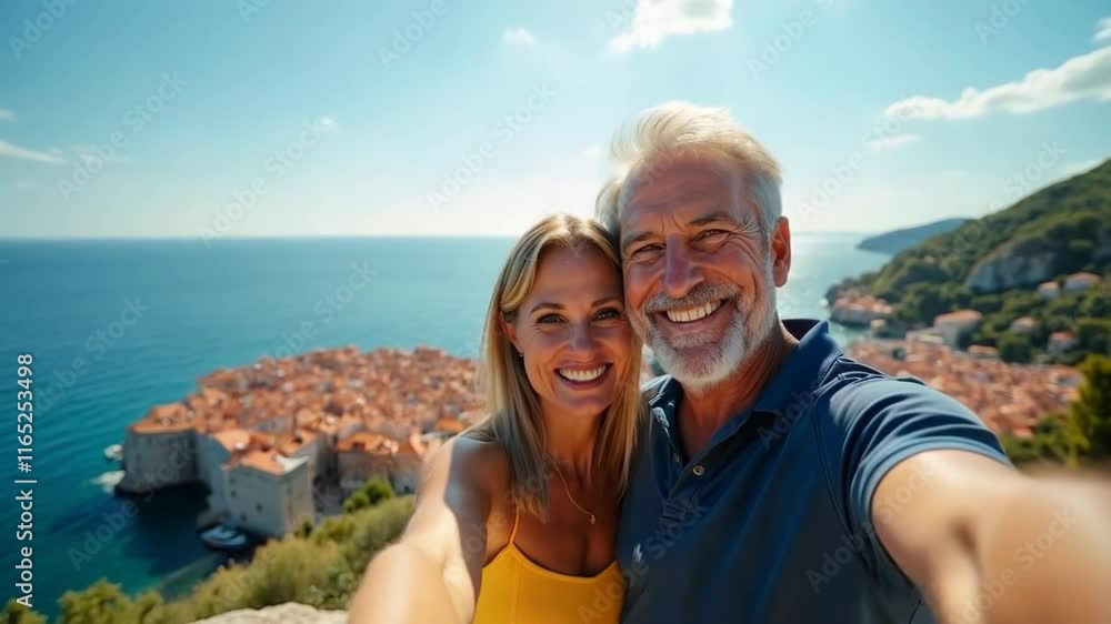 Happy couple taking a selfie with a scenic seaside backdrop on a sunny day Happy couple taking a selfie with a scenic seaside backdrop on a sunny day