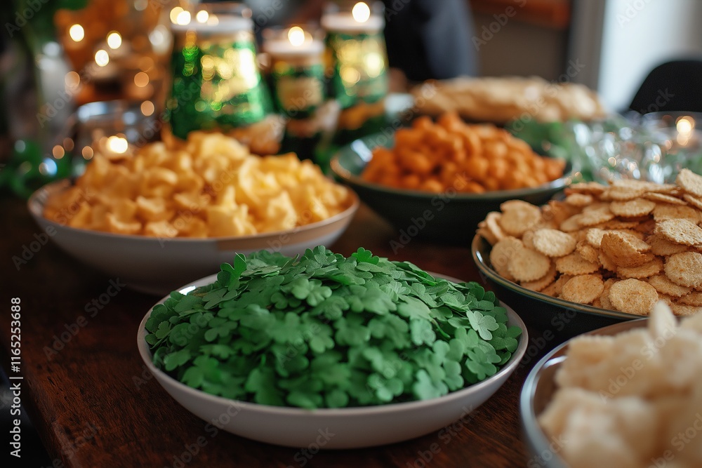 St. patrick's day party snack table with green clovers and chips St. patrick's day party snack table with green clovers and chips