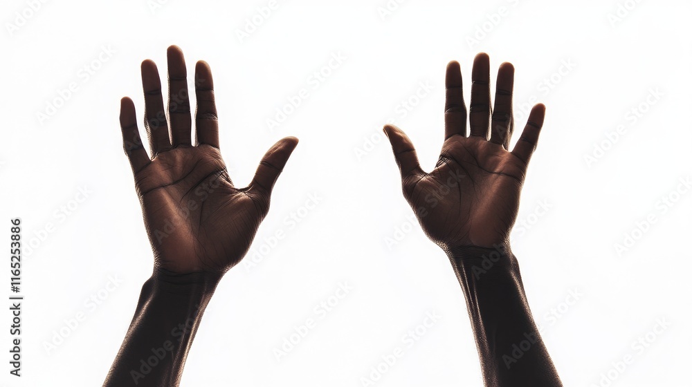 A pair of hands reaching upward to touch a screen, isolated on a white background with a clipping path. A pair of hands reaching upward to touch a screen, isolated on a white background with a clipping path.