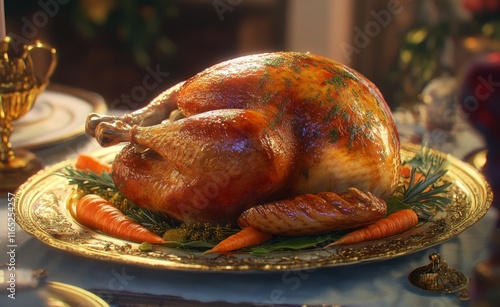 Roasted turkey on golden platter with carrots, herbs, and gravy. photo