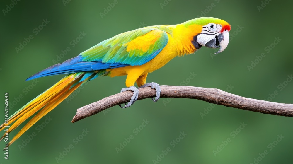 Obraz premium Vibrant macaw perched on a branch in a lush green background.