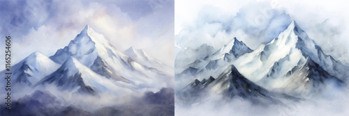 Serene watercolor mountains shrouded in mist, showcasing majestic peaks and soft hues.