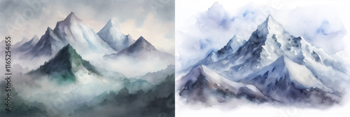 Mysterious watercolor mountains shrouded in mist, offering a captivating and serene landscape.