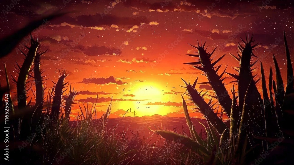 Fiery Desert Sunset Cacti Silhouettes Dramatic Sky High Resolution Fiery Desert Sunset Cacti Silhouettes Dramatic Sky High Resolution