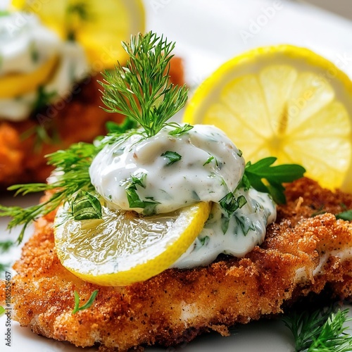 Obraz na płótnie Crispy fried fish with lemon and herb sauce kitchen food bright and fresh close-up culinary delight w salonie