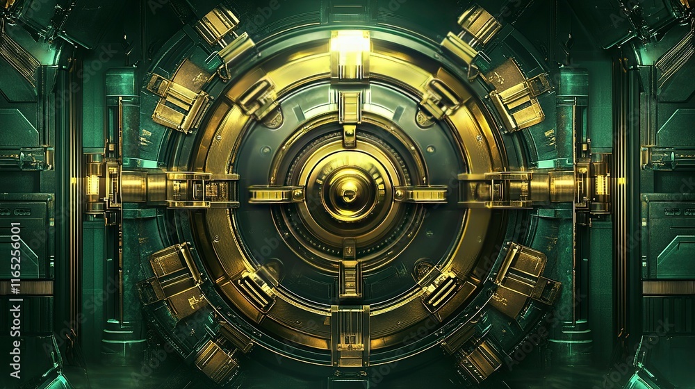 Fototapeta premium A large, golden bank vault with steampunk element. 