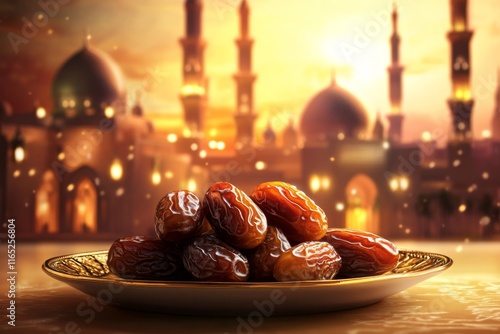 Dates on a plate with a mosque at sunset. photo