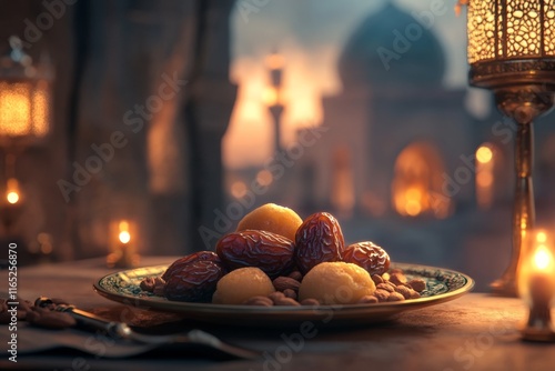 Dates, almonds, and apricots on a plate with lanterns and mosque in background. photo