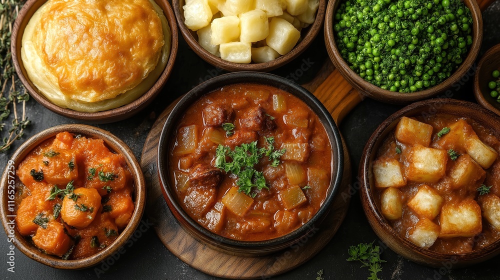 Rustic stew and sides feast with biscuits, potatoes, and peas Rustic stew and sides feast with biscuits, potatoes, and peas