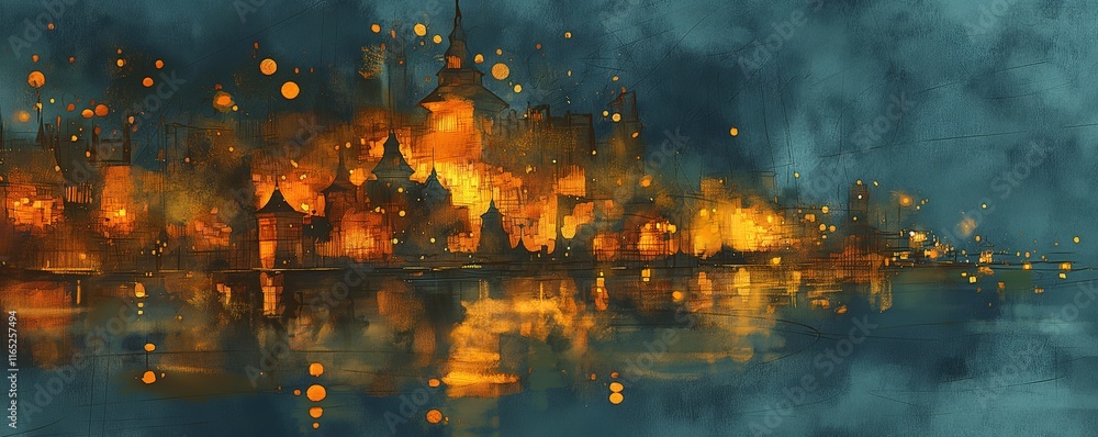 Naklejka premium Temple at twilight with glowing lanterns casting a mystical ambiance, in watercolor style. Spring Festival, festival