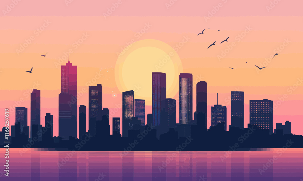 Fototapeta premium Minimalistic Sunrise Cityscape with Reflections and Birds in Flat Vector Illustration