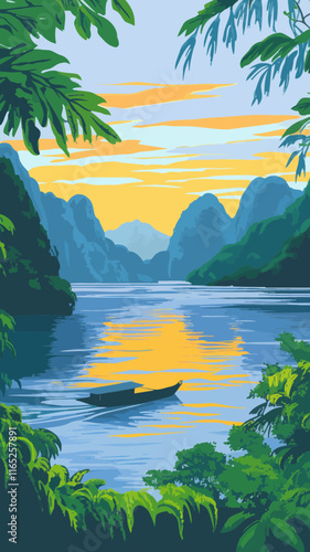 Art Deco WPA Poster of Khao Sok National Park with Cheow Lan Lake at Ratchaprapha Dam Thailand