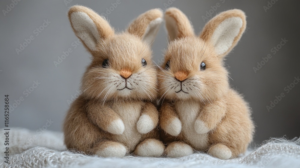 Obraz premium Two adorable felted rabbits sitting closely together, showcasing their cute features.