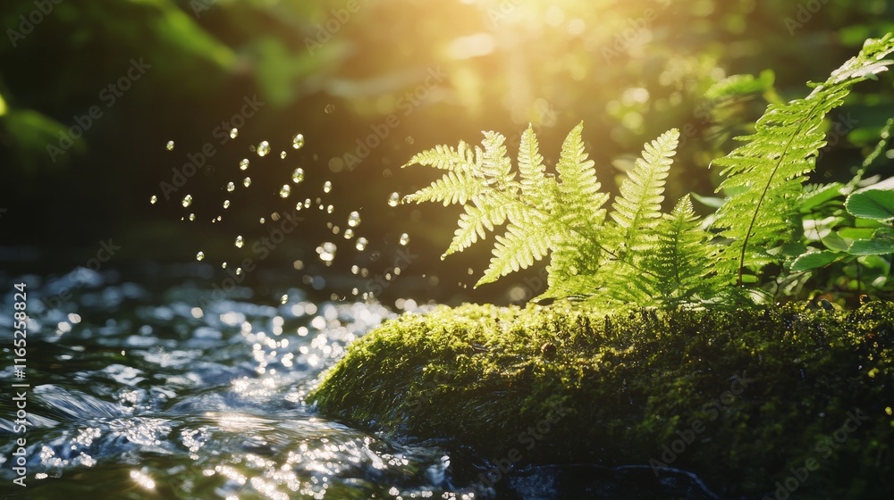 A fern growing on moss with dewdrops splashing in front of the stream flows A fern growing on moss with dewdrops splashing in front of the stream flows