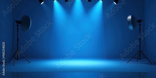 Empty blue studio backdrop with lighting equipment ready for photoshoot