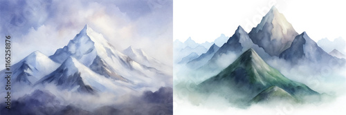 Serene watercolor mountains shrouded in mist, showcasing majestic peaks and soft color gradients.