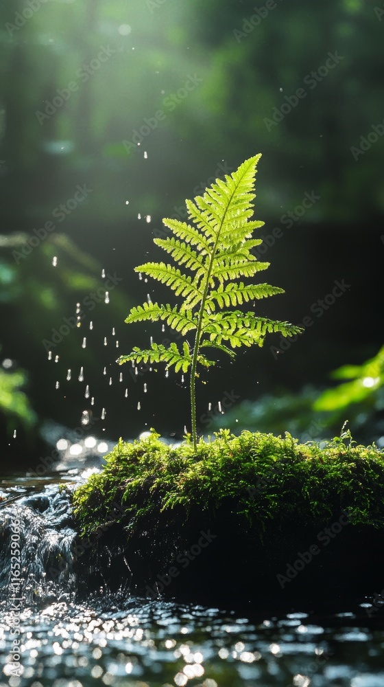 Naklejka premium A fern growing on moss with dewdrops splashing in front of the stream flows