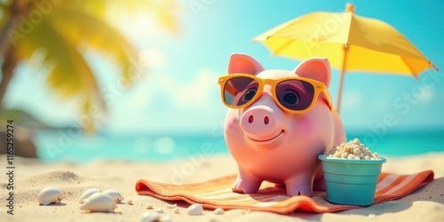 Piggy bank enjoying a beach vacation with sunglasses and a beach umbrella