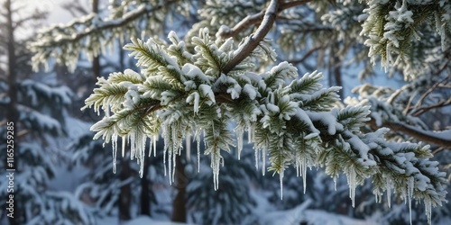 Frosty branches of a fir tree hang like icicles from the snow-covered tree top , frosty, cold photo