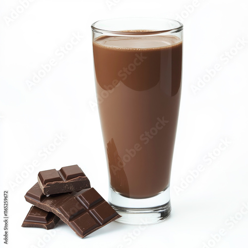 Delicious and Smooth Chocolate Drink in a Tall Glass with Dark Chocolate Pieces on White Background for Food and Beverage Concept