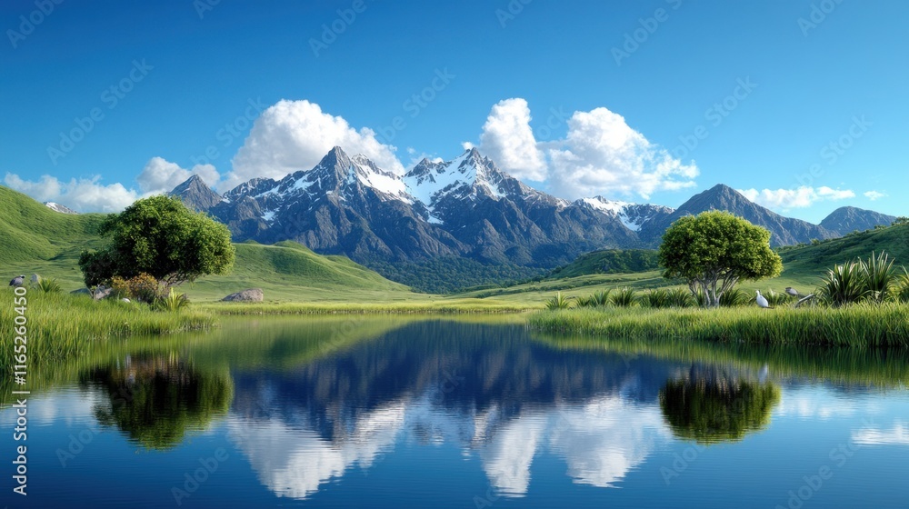 Fototapeta premium Scenic mountain landscape with a tranquil lake and lush greenery.