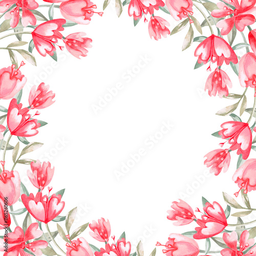 Square frame with wild flowers. Isolated watercolor illustration for invitation design, cafe decoration, children's parties, Valentine's Day, posters, postcards.