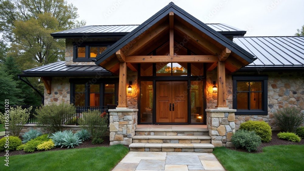 Rustic-modern façade with stone walls, glass windows, timber beams, matte metal roof, wooden door, iron hardware, stone steps, native plants, and lantern lighting for balanced charm. Rustic-modern façade with stone walls, glass windows, timber beams, matte metal roof, wooden door, iron hardware, stone steps, native plants, and lantern lighting for balanced charm.