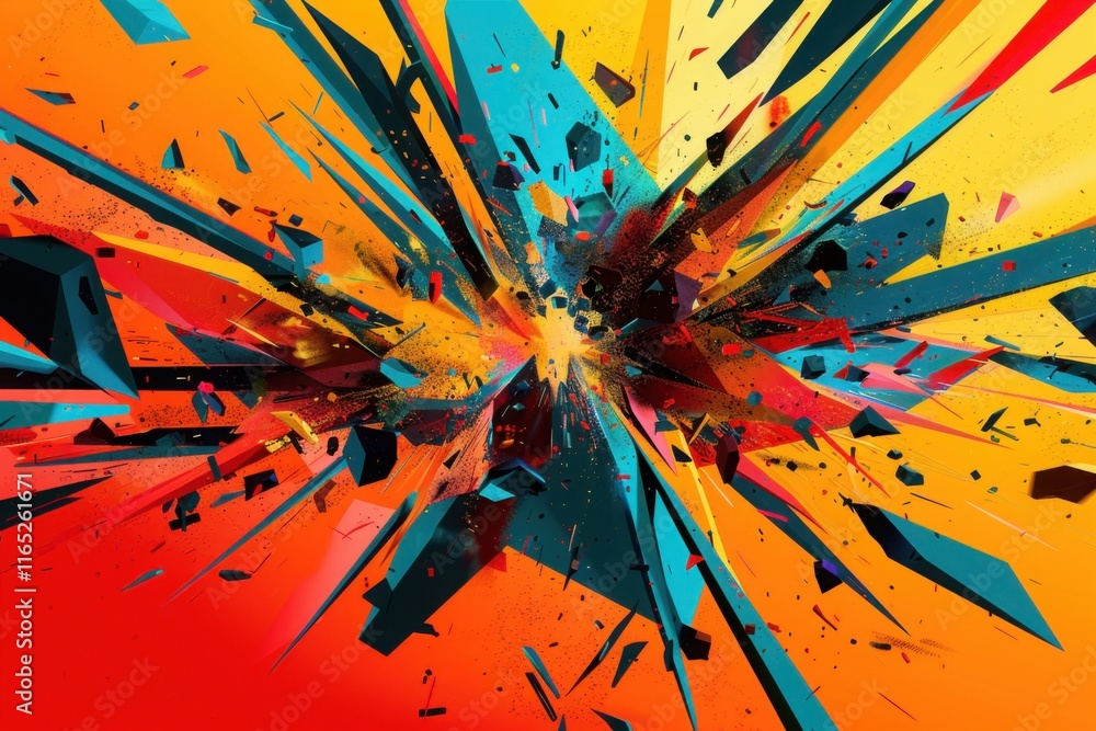 Abstract Explosion of Vivid Colors: A Dynamic Composition of Shattered Geometric Forms