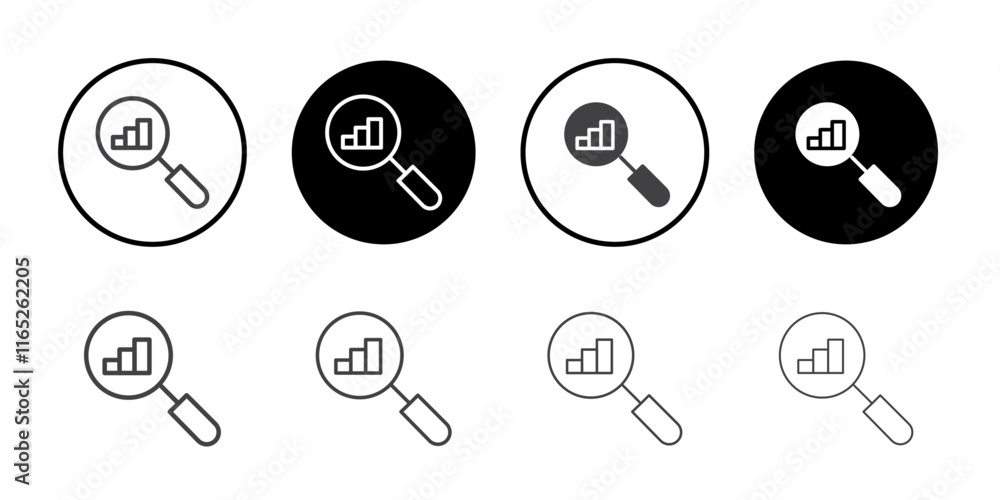 Magnifying glass over a bar chart icon simple vector symbol Magnifying glass over a bar chart icon simple vector symbol