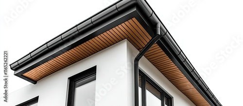 Modern House Exterior: Black Gutters and Wooden Soffit