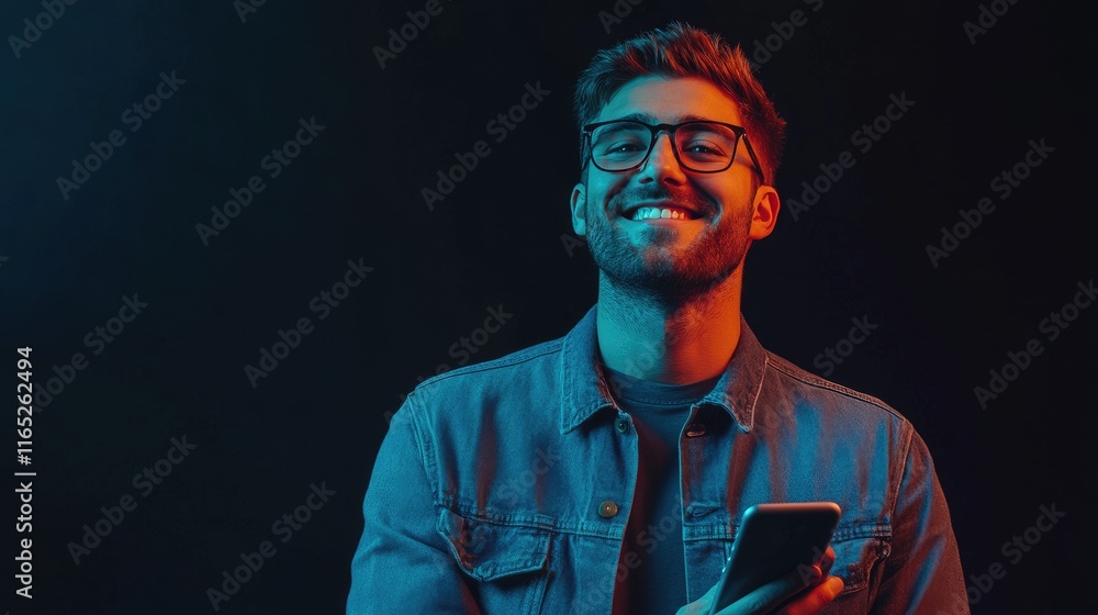 A smiling man in casual attire holding his phone, standing against a black background with space. A smiling man in casual attire holding his phone, standing against a black background with space.