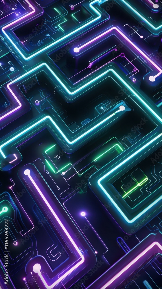 Abstract Neon Circuitry: Glowing Purple and Teal Lines Intertwined in a Complex Digital Maze