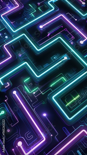Obraz na płótnie Abstract Neon Circuitry: Glowing Purple and Teal Lines Intertwined in a Complex Digital Maze w salonie