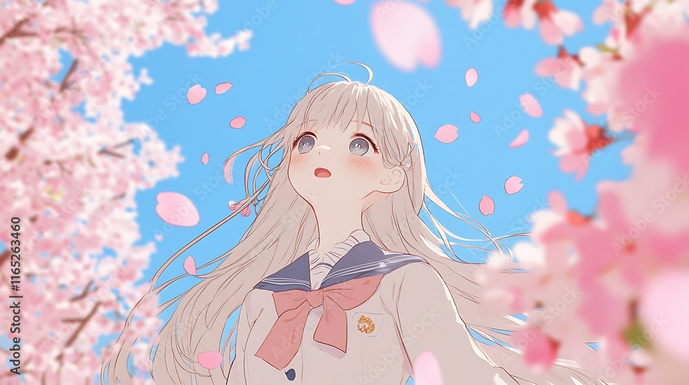 A Dreamy Day in Spring Surrounded by Cherry Blossoms and Floating Petals A Dreamy Day in Spring Surrounded by Cherry Blossoms and Floating Petals