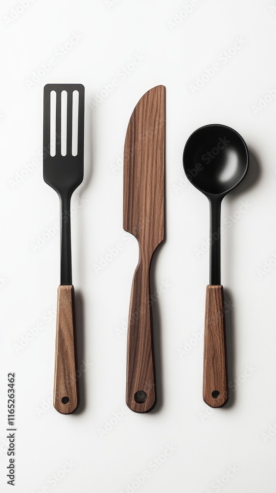 Naklejka premium Elegant Wooden Kitchen Utensils Set - Modern Cooking Tools with a Touch of Nature