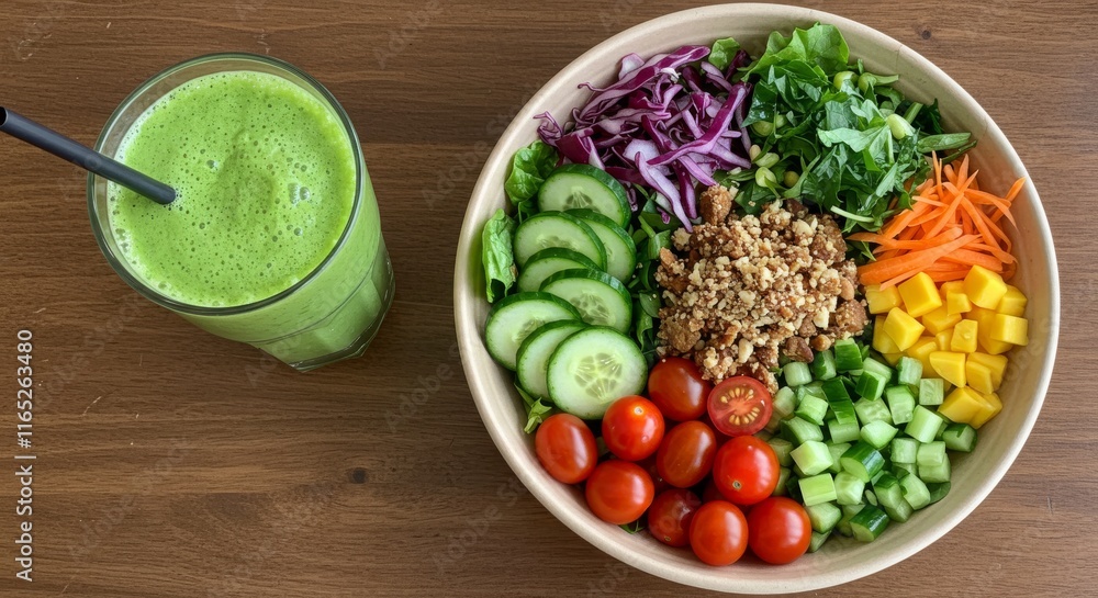 Fresh vegan salad bowl with green smoothie on wooden table Fresh vegan salad bowl with green smoothie on wooden table