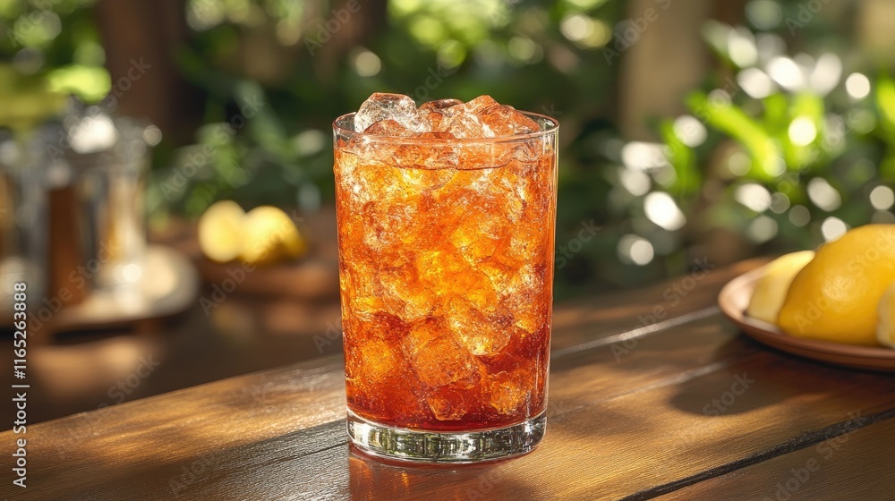 Iced tea in a tall glass with ice cubes on a wooden table outdoors. Iced tea in a tall glass with ice cubes on a wooden table outdoors.