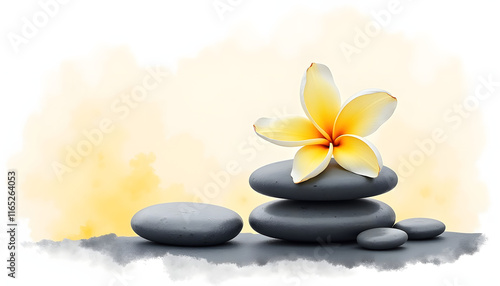 Watercolor art, flower and some rocks on black rock