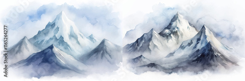 Majestic watercolor mountains surrounded by mist, showcasing a serene and captivating natural landscape.