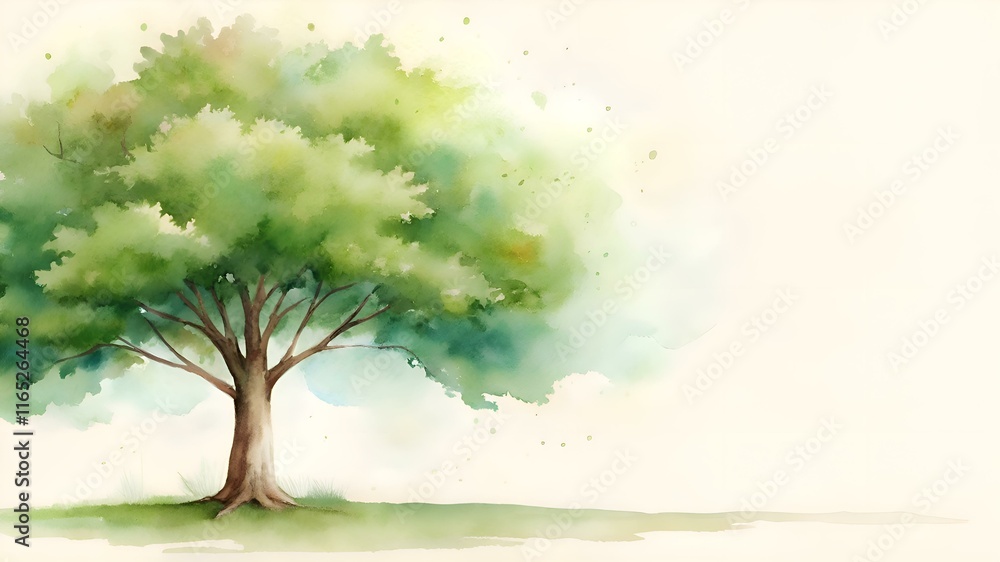 Lone tree with lush green foliage, soft watercolor background, serene landscape, copy space Lone tree with lush green foliage, soft watercolor background, serene landscape, copy space