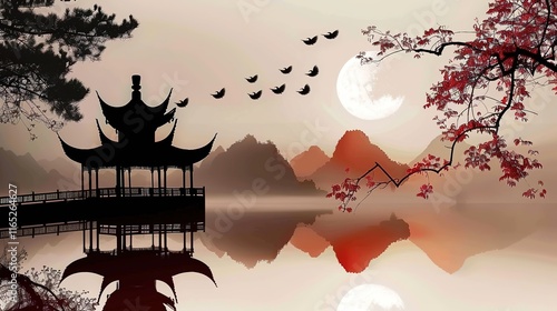 Art prints chinese temple fantasy background